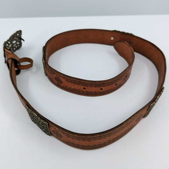 Fossil Belt L 40in Brown Gold Tooled Genuine Leather Metal Buckle Accent Adjusts - Picture 6 of 10